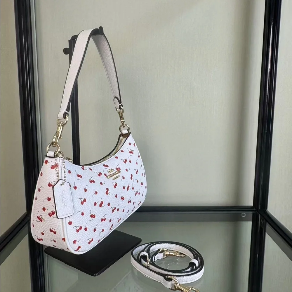 Coach White Leather Shoulder Bag with Red Cherry Print